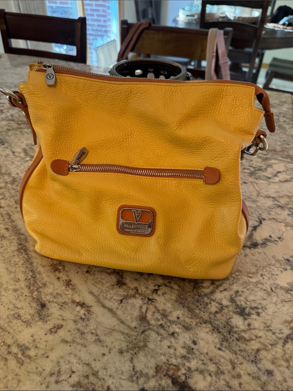 Valentina Yellow Leather Shoulder Bag with Brown Trim